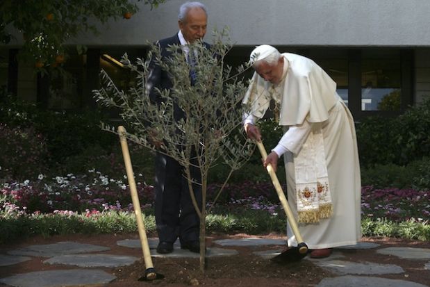 Pope Benedict XVI trồng cây oliu ở với TT Israel Shimon Peres tại dinh ở Jerusalem